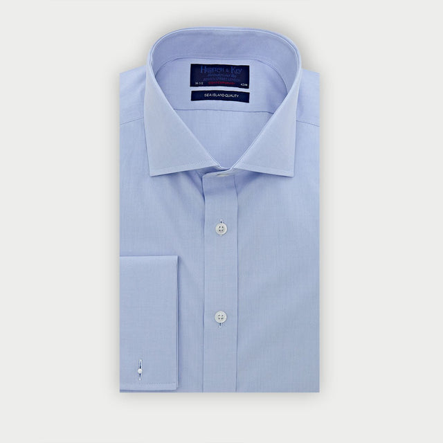 Contemporary Fit Plain Blue Sea Island Quality Cotton Shirt with Cut-Away Collar & Double Cuff
