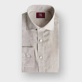 Contemporary Fit Plain Ecru Linen Shirt with Cut-Away Collar & Two Button Cuff