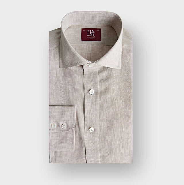 Contemporary Fit Plain Ecru Linen Shirt with Cut-Away Collar & Two Button Cuff