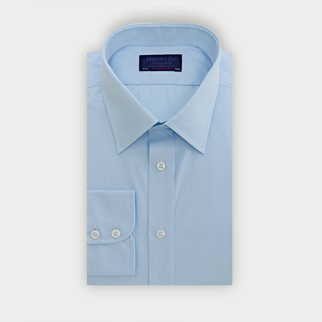 Contemporary Fit Plain Ice Blue Cotton Poplin Shirt with Classic Collar & Two Button Cuff