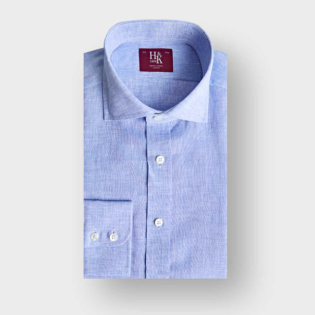 Contemporary Fit Plain Light Blue Linen Shirt with Cut-Away Collar & Two Button Cuff