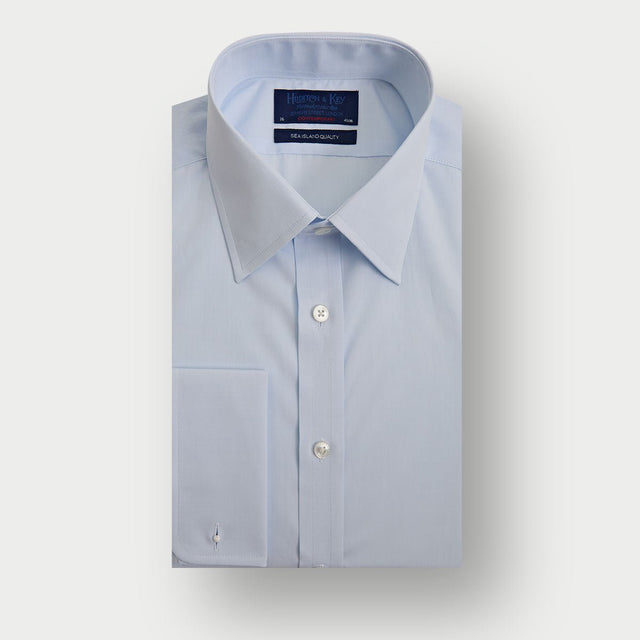 Contemporary Fit Plain Light Blue Sea Island Quality Cotton Shirt with Classic Collar & Double Cuff