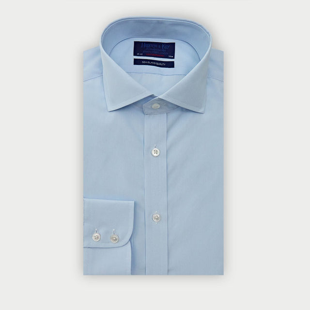 Contemporary Fit Plain Light Blue Sea Island Quality Cotton Shirt with Cut-Away Collar & Two Button Cuff