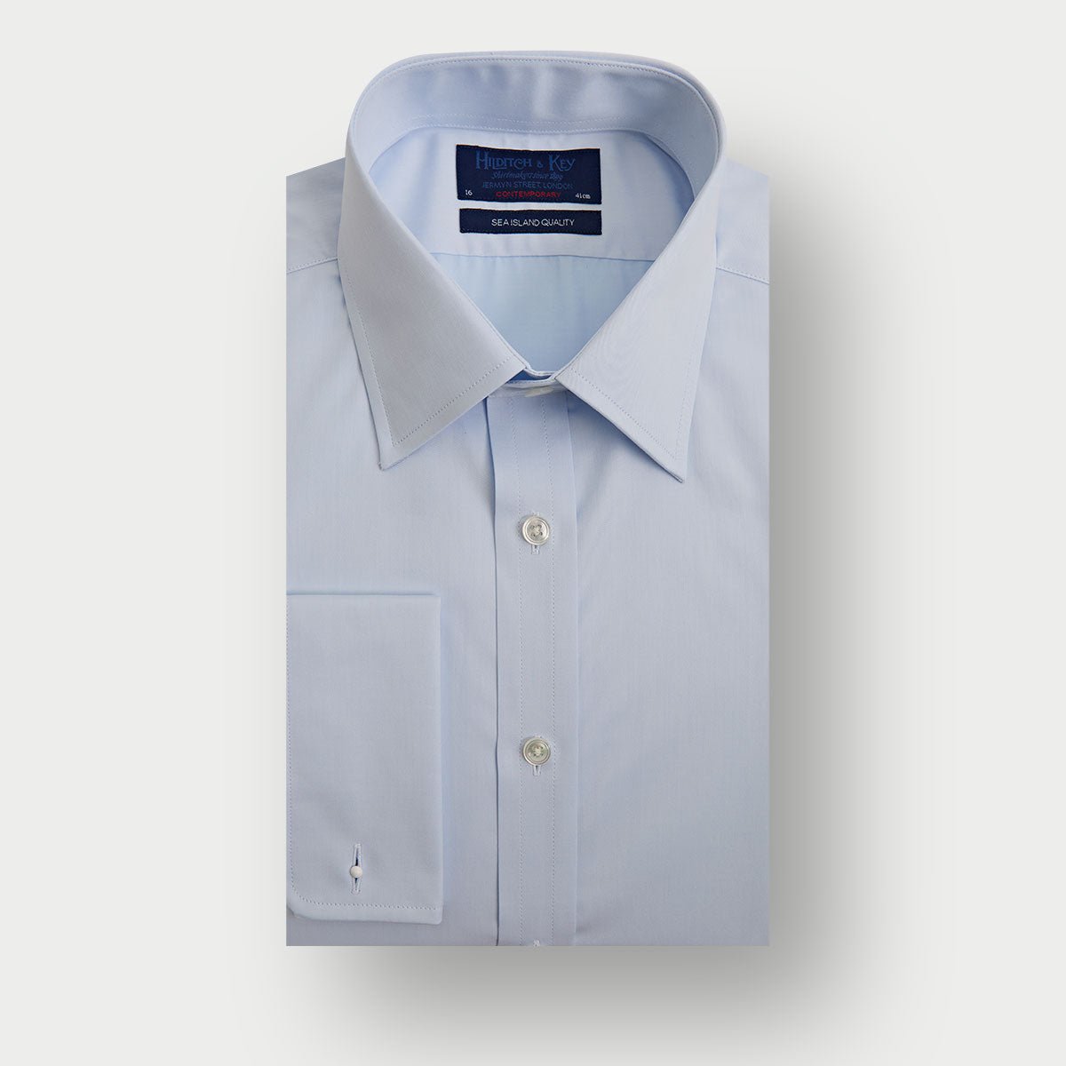 Contemporary Fit Plain Light Sea Island Quality Cotton Twill Shirt With Classic Collar Double Cuff