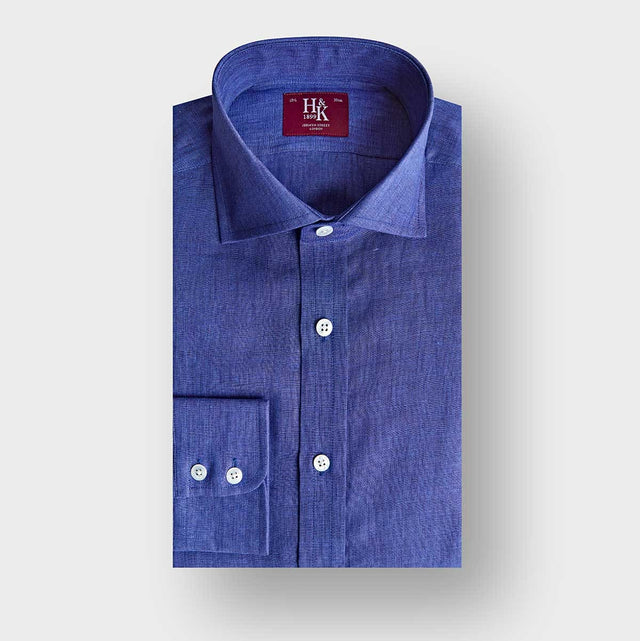 Contemporary Fit Plain Mid Blue Linen Shirt with Cut-Away Collar & Two Button Cuff