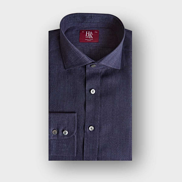 Contemporary Fit Plain Navy Linen Shirt with Cut-Away Collar & Two Button Cuff