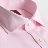Contemporary Fit Plain Pink Linen Shirt With Cut Away Collar Two Button Cuff