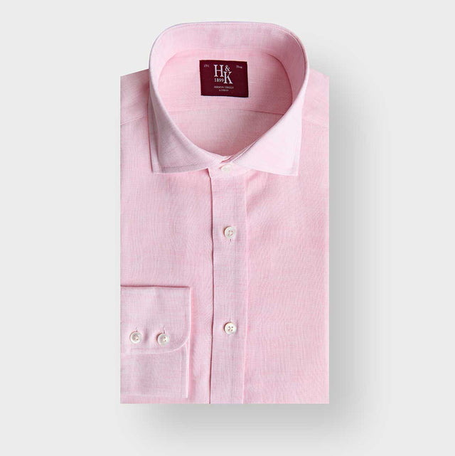 Contemporary Fit Plain Pink Linen Shirt with Cut-Away Collar & Two Button Cuff