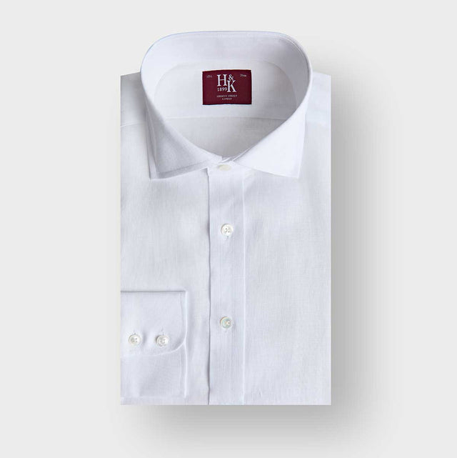 Contemporary Fit Plain White Linen Shirt with Cut-Away Collar & Two Button Cuff