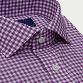 Contemporary Fit Purple Gingham Check Twill Cotton Shirt With Cut Away Collar Two Button Cuff