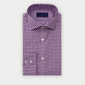 Contemporary Fit Purple Gingham Check Twill Cotton Shirt with Cut-Away Collar & Two Button Cuff