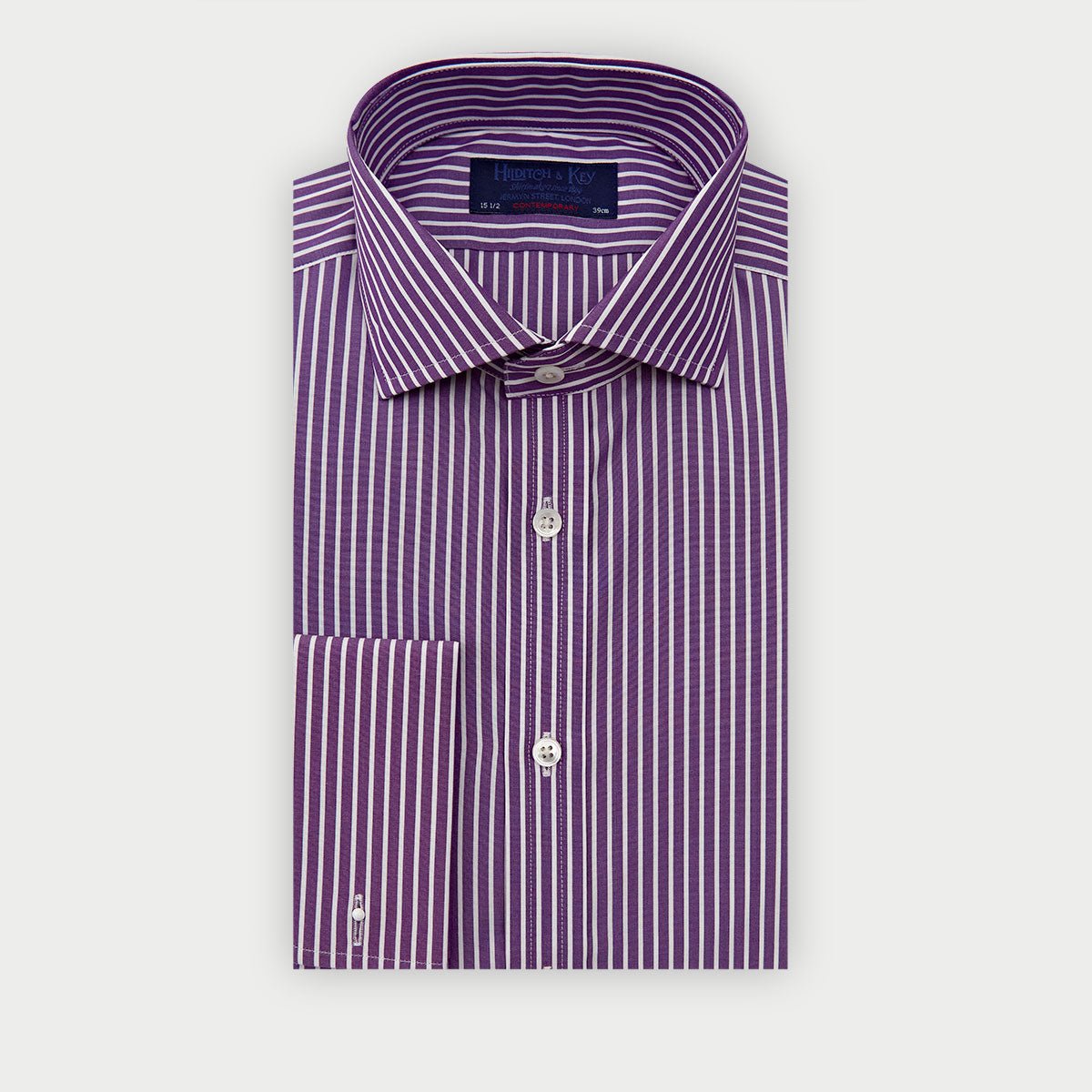 Contemporary Fit Purple White Stripe Cotton Shirt With Cut Away Collar Double Cuff