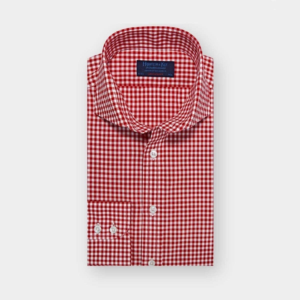 Contemporary Fit Red Gingham Check Cotton Poplin Shirt With Cut Away Collar Two Button Cuff