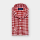 Contemporary Fit Red Gingham Check Cotton Poplin Shirt with Cut-away Collar & Two Button Cuff