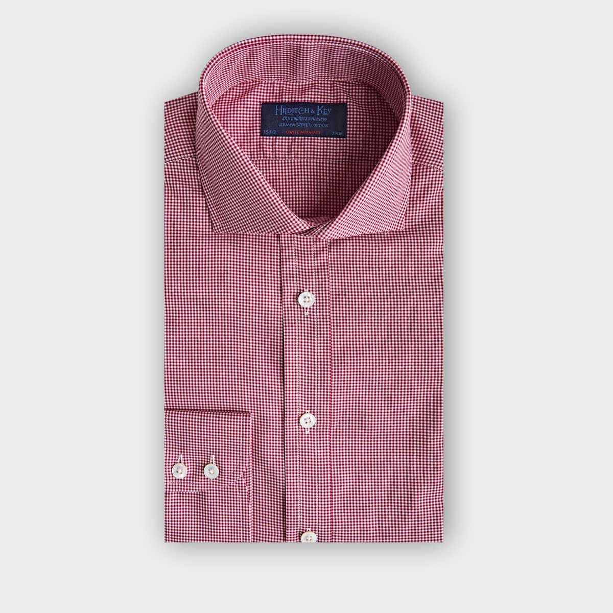 Contemporary Fit Red Micro Check Cotton Shirt With Cut Away Collar Two Button Cuff