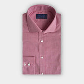 Contemporary Fit Red Micro Check Cotton Shirt with Cut-away Collar & Two Button Cuff