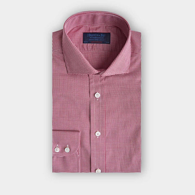 Contemporary Fit Red Micro Check Cotton Shirt with Cut-away Collar & Two Button Cuff