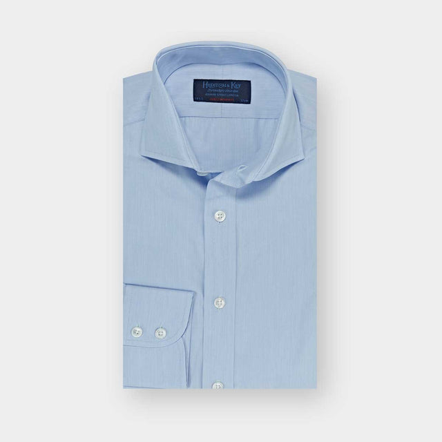 Contemporary Fit Sky Blue Hairline Stripe Cotton Poplin Shirt with Cut-away Collar & Two Button Cuff
