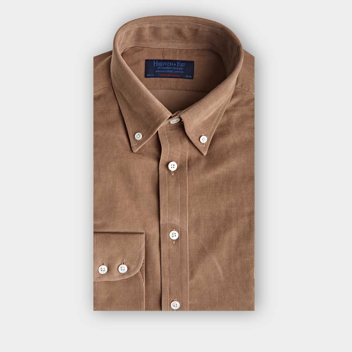 Contemporary Fit Fine Corduroy Shirt With Button Down Collar Two Button Cuff
