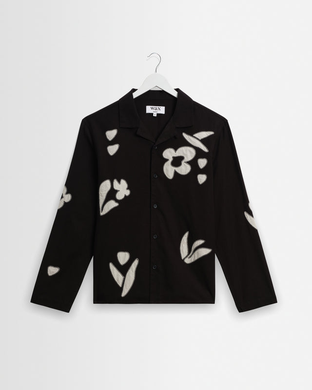 Corey - Black And Beige Abstract Applique Cotton-Linen Shirt