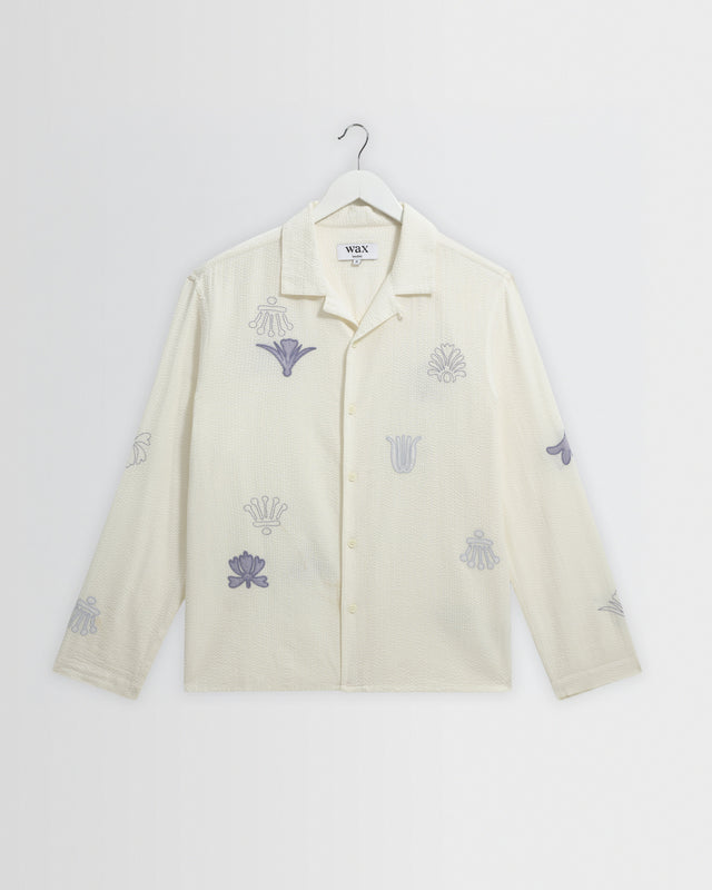 Corey - Ecru And Blue Doodle Cotton-Seersucker Shirt