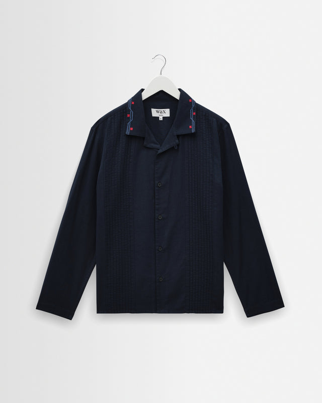 Corey - Navy Pintuck Border Cotton-Linen Shirt
