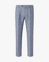 Pants 1 pince blu denim in chambray di puro lino