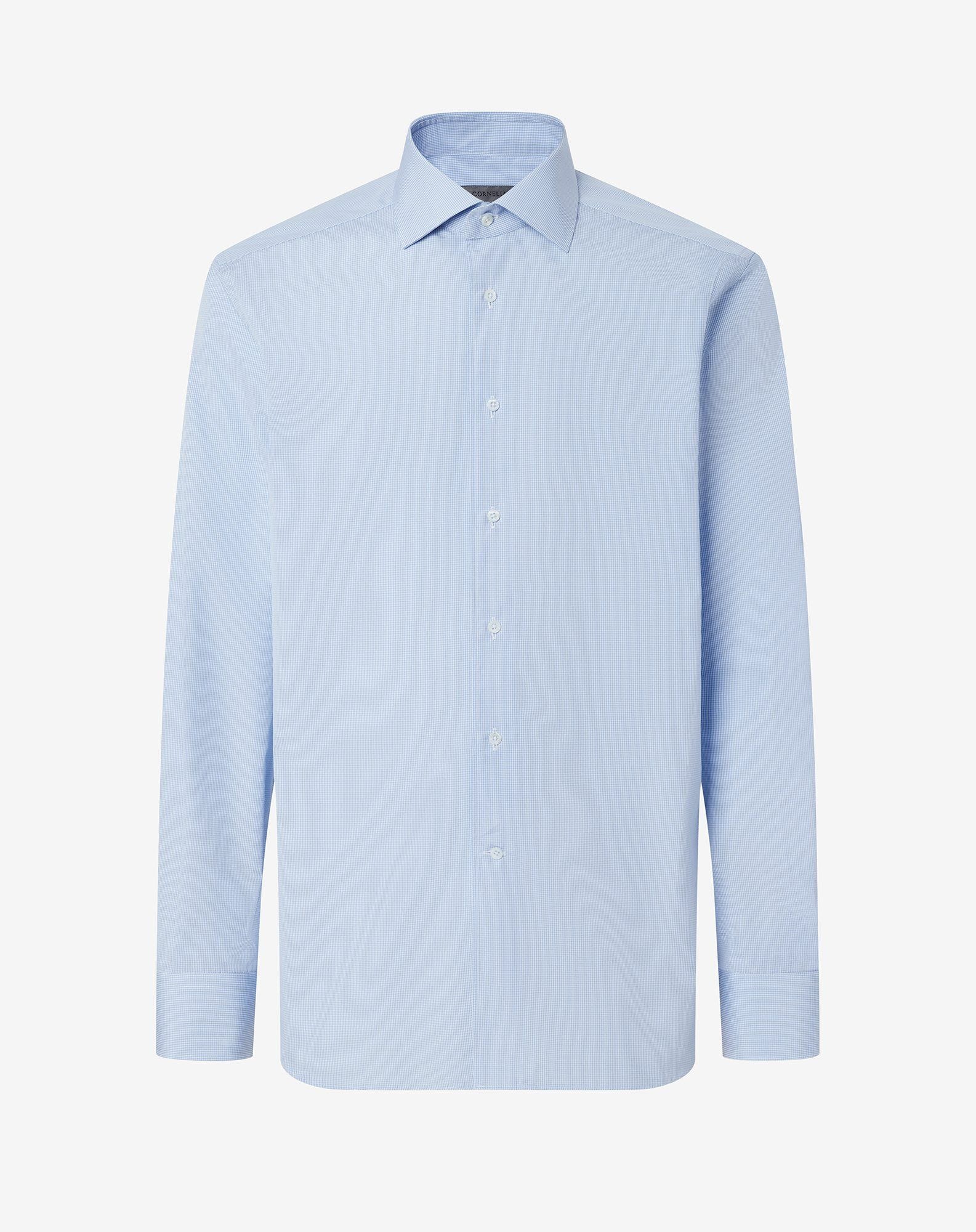 Shirt Con Micro Quadretto Azzurro In Cotone