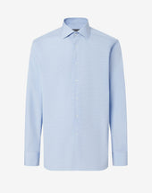 Shirt Con Micro Quadretto Azzurro In Cotone