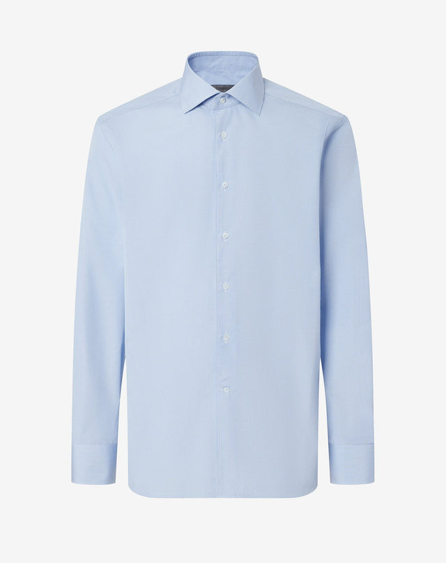 Shirt Con Micro Quadretto Azzurro In Cotone