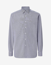 Shirt con microquadretto bianco e blu in cotone antipiega