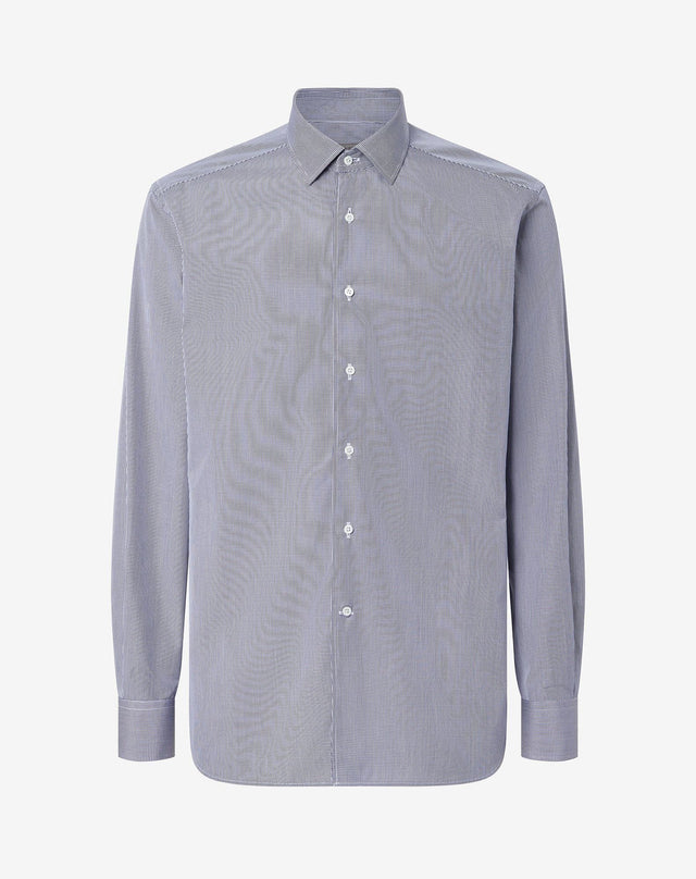 Shirt con microquadretto bianco e blu in cotone antipiega