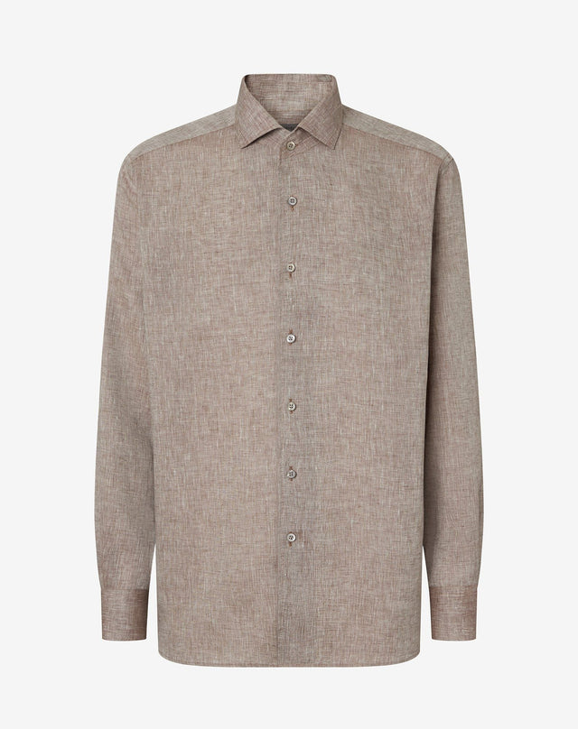 Shirt marrone in puro lino chambray