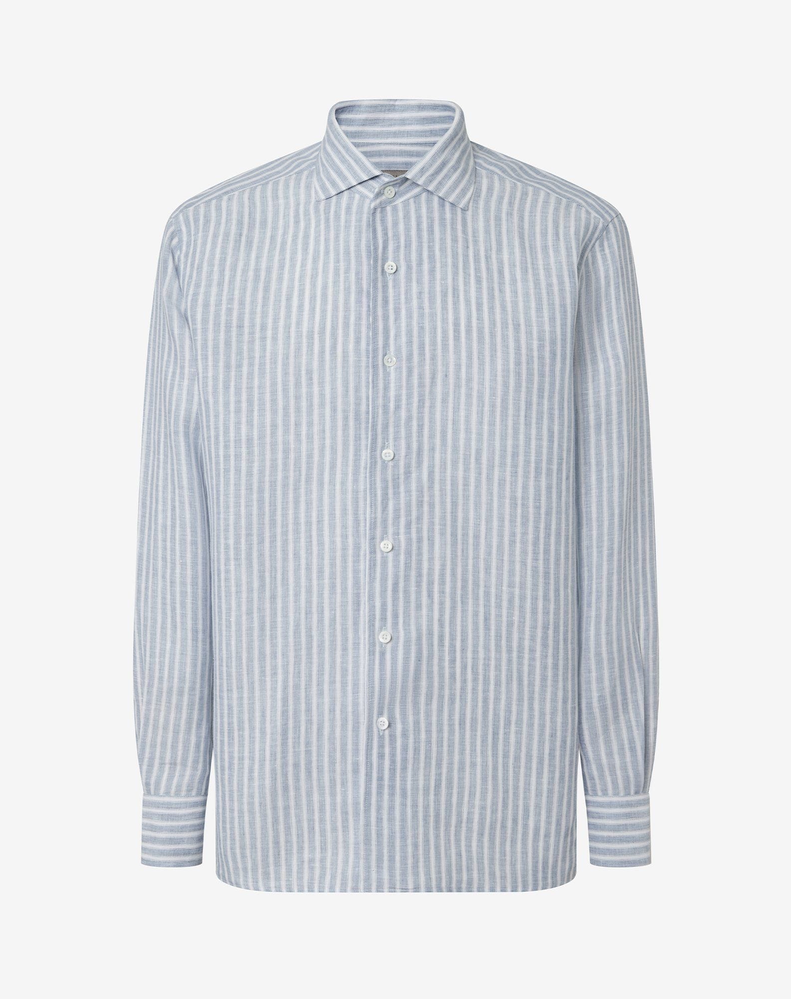 Shirt Con Disegno Rigato Bianco Azzurro In Puro Lino