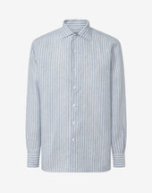 Shirt Con Disegno Rigato Bianco Azzurro In Puro Lino