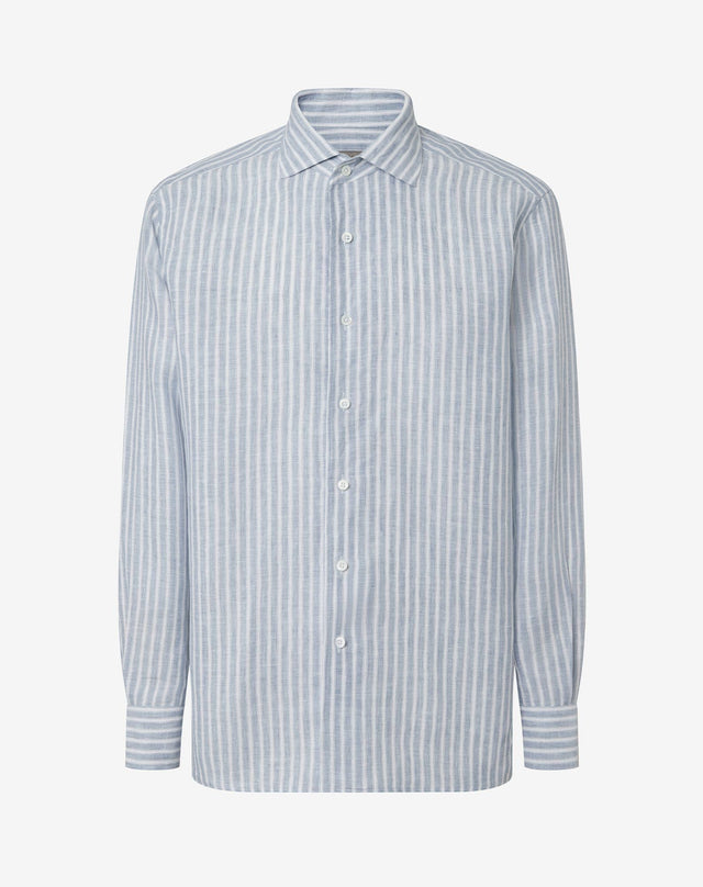 Shirt con disegno rigato bianco/azzurro in puro lino