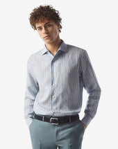 Shirt Con Disegno Rigato Bianco Azzurro In Puro Lino