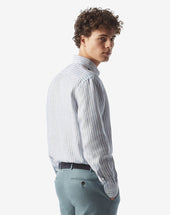 Shirt Con Disegno Rigato Bianco Azzurro In Puro Lino