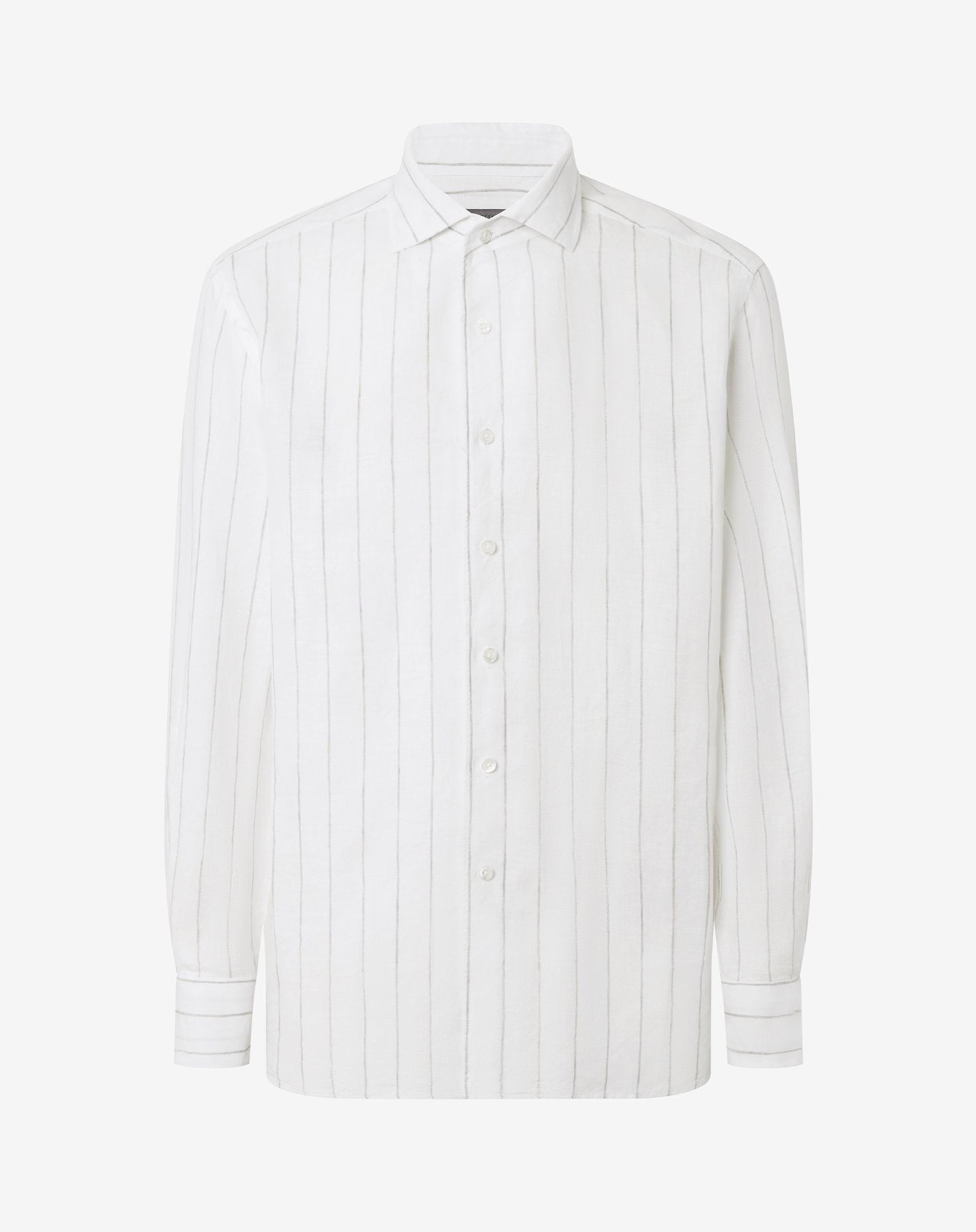 Shirt Con Disegno Rigato Grigio Su Fondo Bianco In Puro Lino