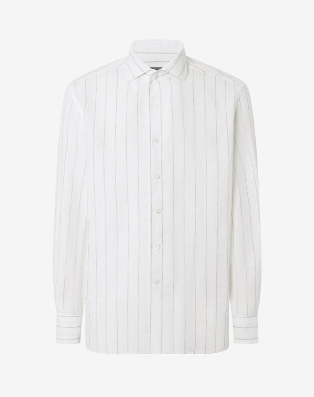 Shirt Con Disegno Rigato Grigio Su Fondo Bianco In Puro Lino