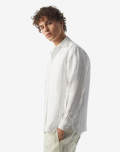 Shirt Con Disegno Rigato Grigio Su Fondo Bianco In Puro Lino