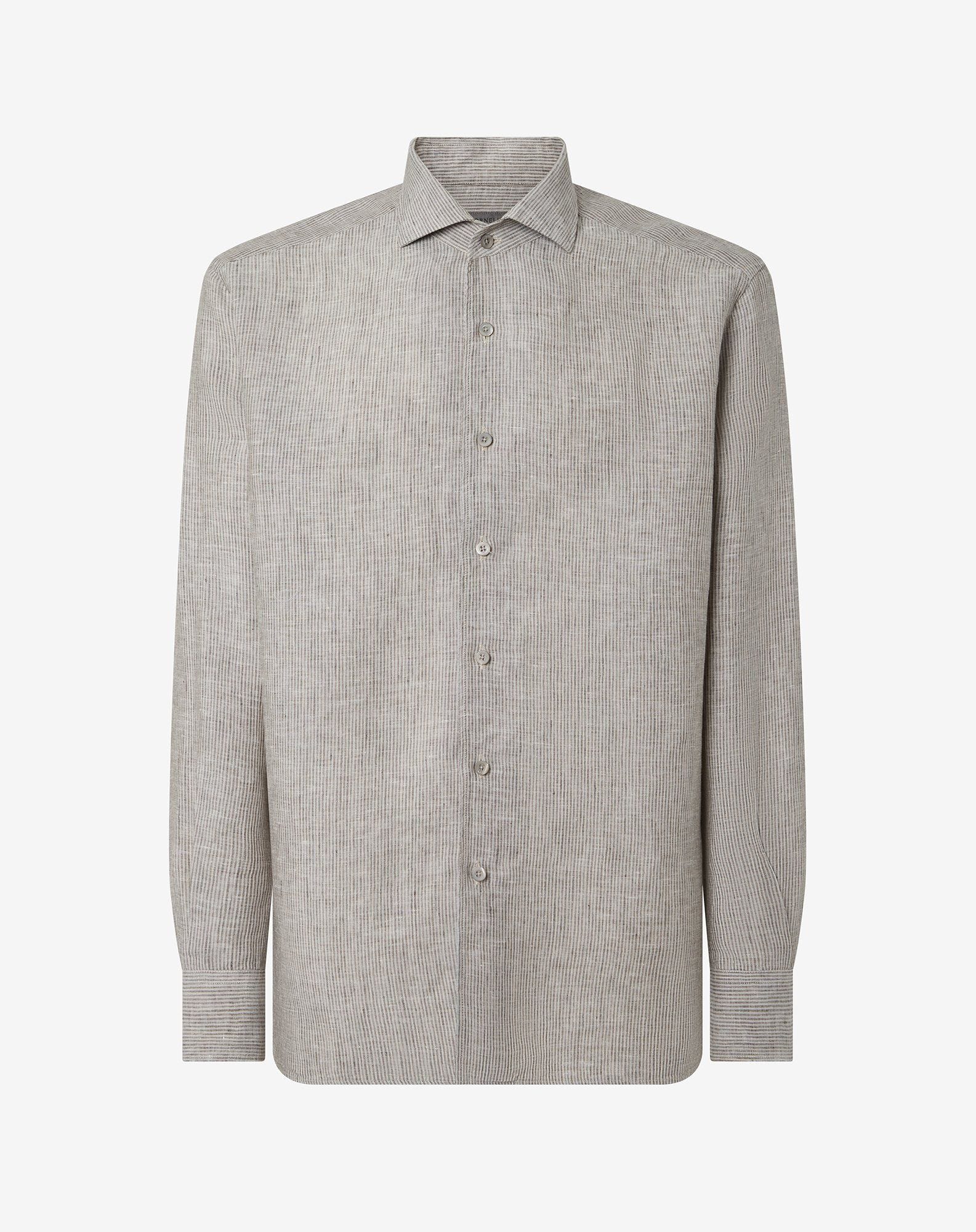 Shirt con micro riga marrone in puro lino