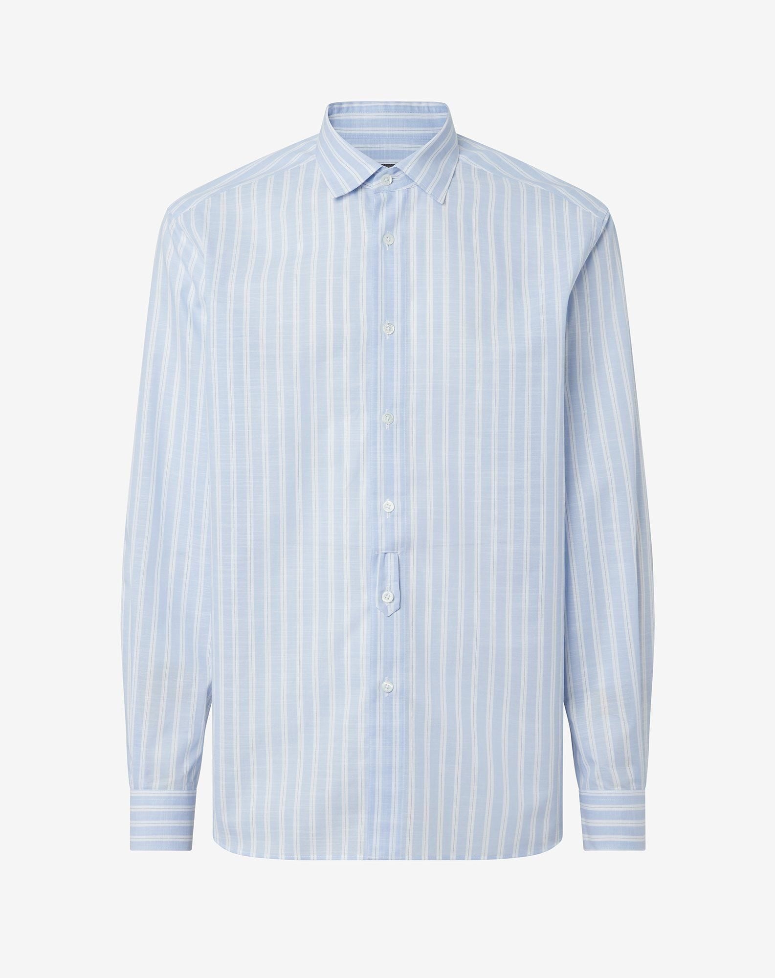 Shirt Con Disegno Rigato Azzurro In Puro Cotone