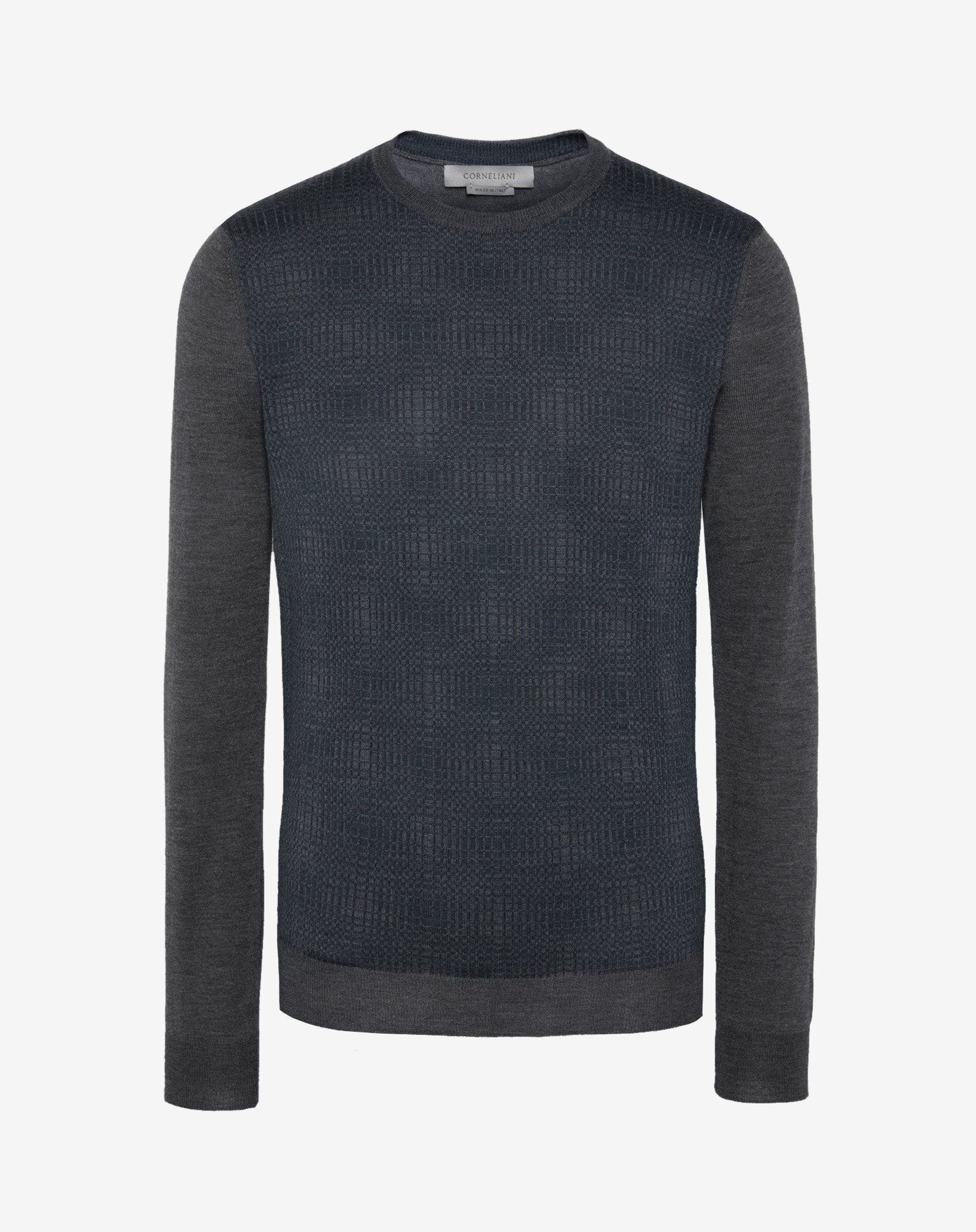 Girocollo in lana merinos grigio e blu