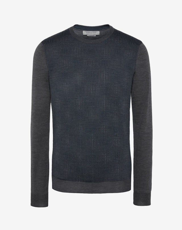 Girocollo in lana merinos grigio e blu