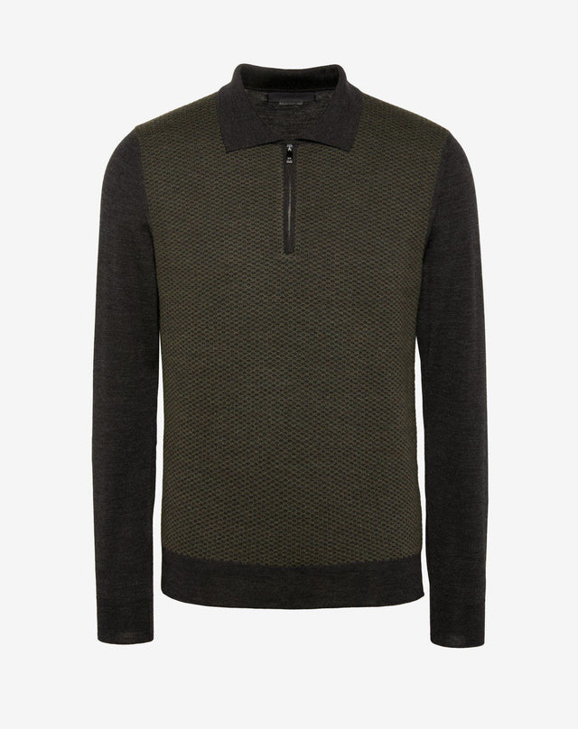Polo Zip In Lana Merinos Verde E Grigia