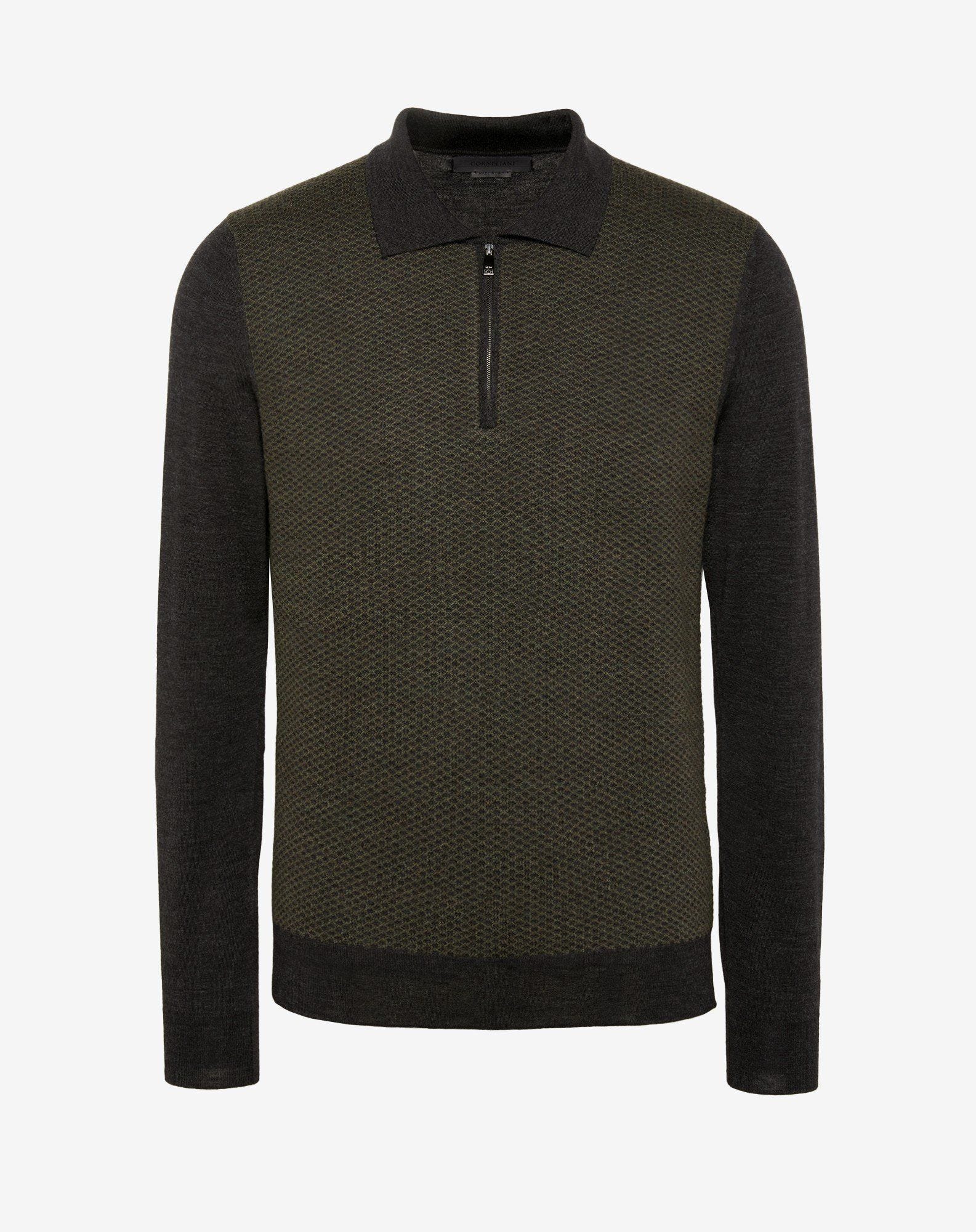 Polo zip in lana merinos verde e grigia