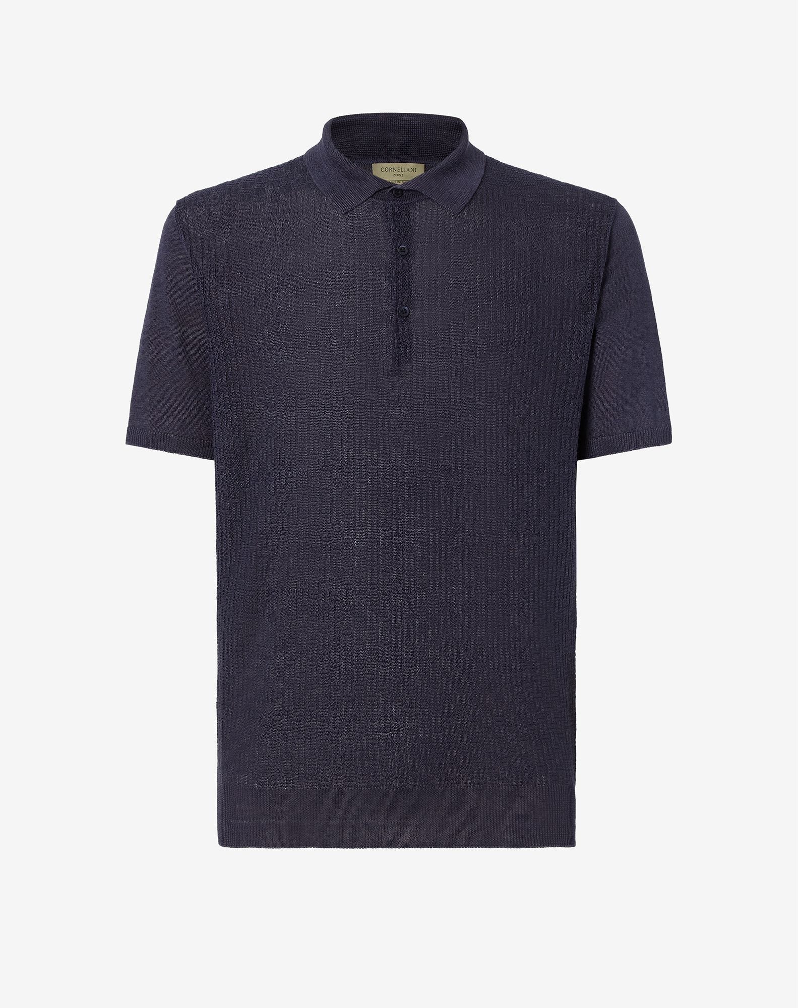 Polo bottoni circle blu in lino manica corta