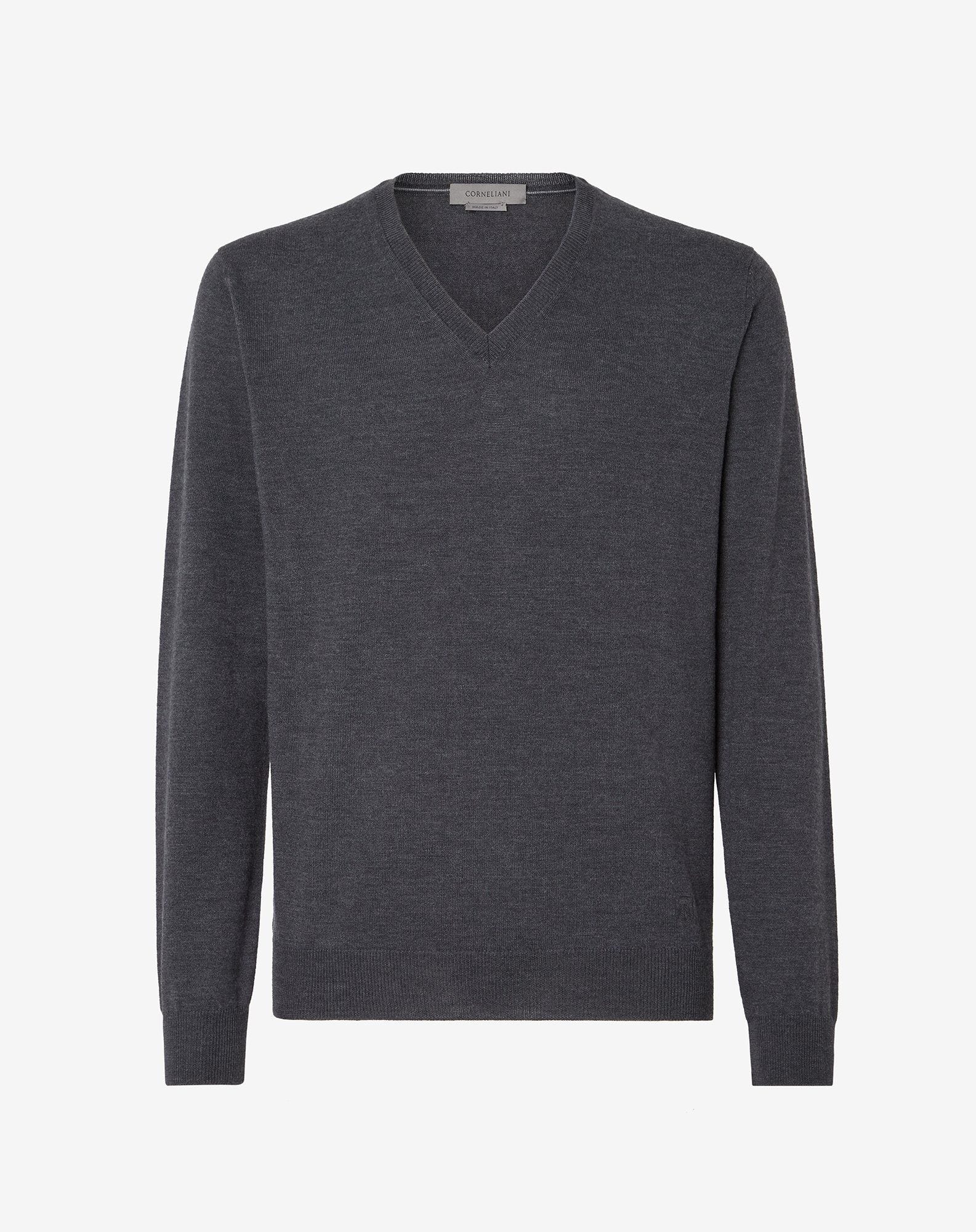 Sweater Scollo A V Melange Scuro In Merinos
