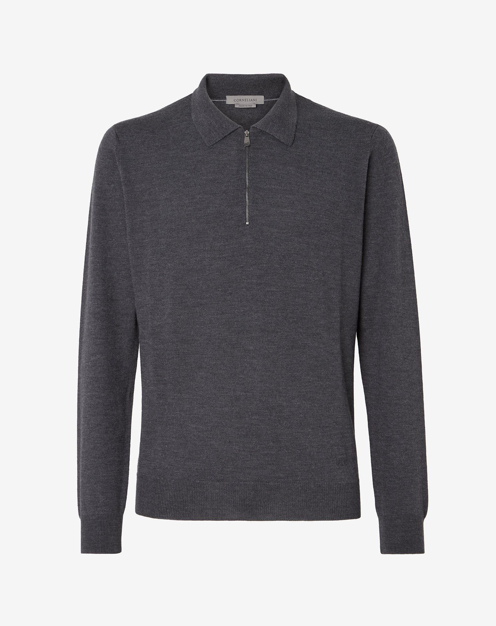 Polo Con Zip Grigia Scura In Merinos